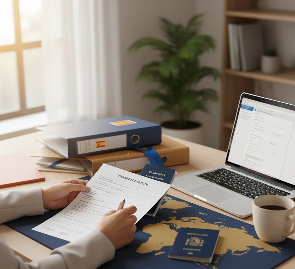 Escritorio con papeles y pasaporte españoles